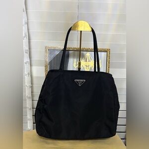 Auth🍀 Prada  Triangle Logo Tessuto Nylon Black Hand Bag-EUC
